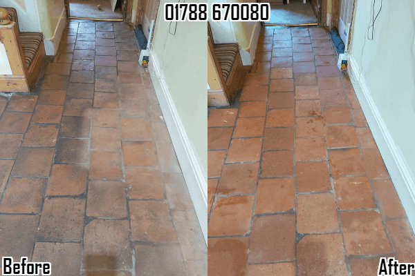 Terracotta tile floor restoration, cleanin, re-grouting and sealing in Cawston, Rugby 01788 670080