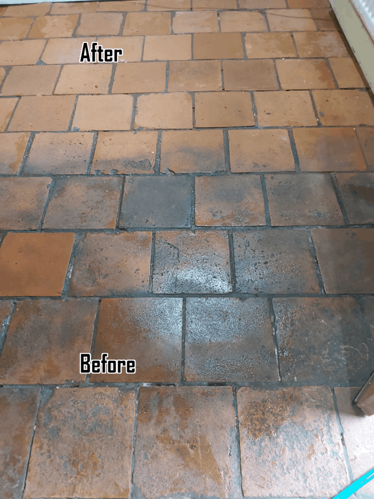 Terracotta tile floor restoration, cleanin, re-grouting and sealing in Cawston, Rugby 01788 670080